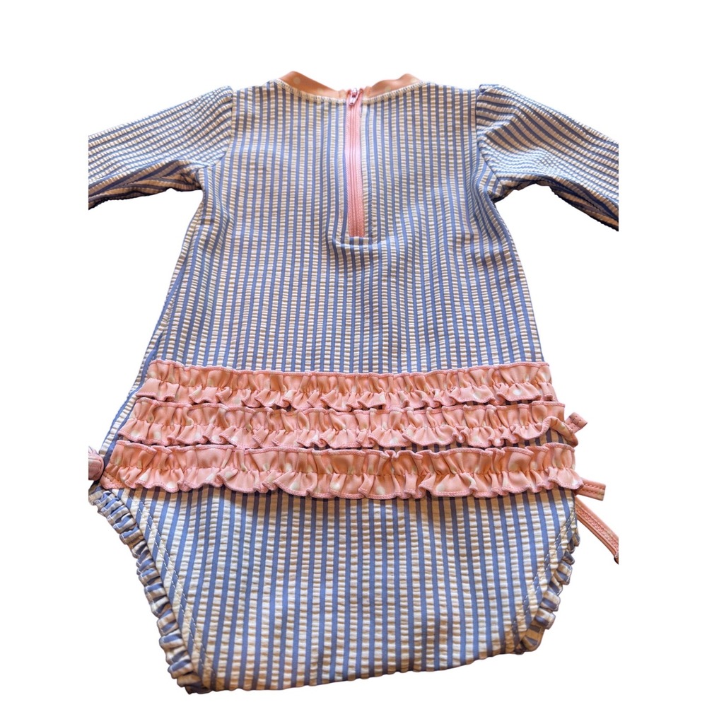 RuffleButts Seersucker Long Sleeve Rash Guard Swimsuit Blue White 18-24M - Picture 7 of 10